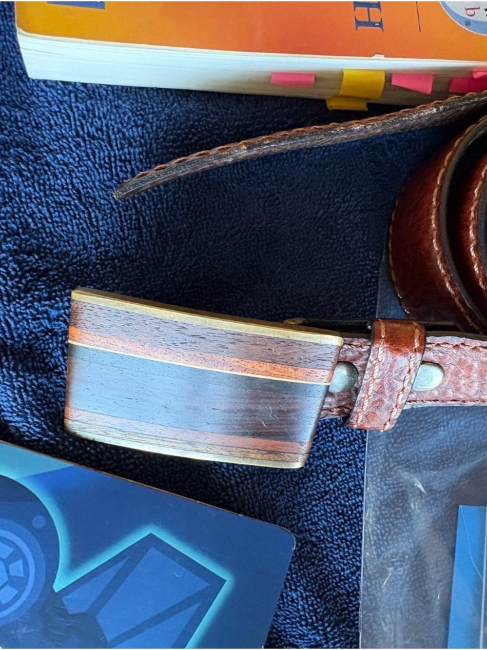 Kenneth Reid Leather Belt with Brass and Wood Buckle. Made in New Mexico